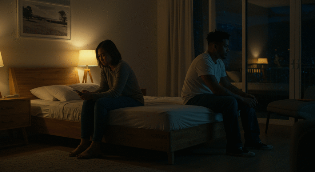Emotionally distant couple sitting on opposite sides of the bed, illustrating the silent emotional divide before infidelity.