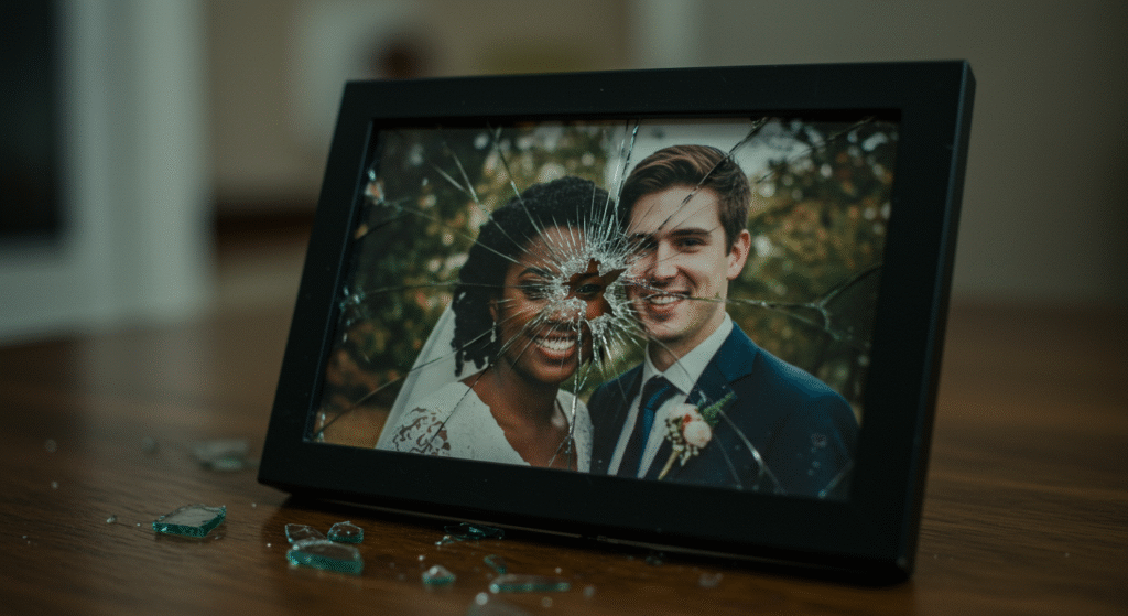 Cracked photo of a married couple, representing hidden emotional damage before infidelity.