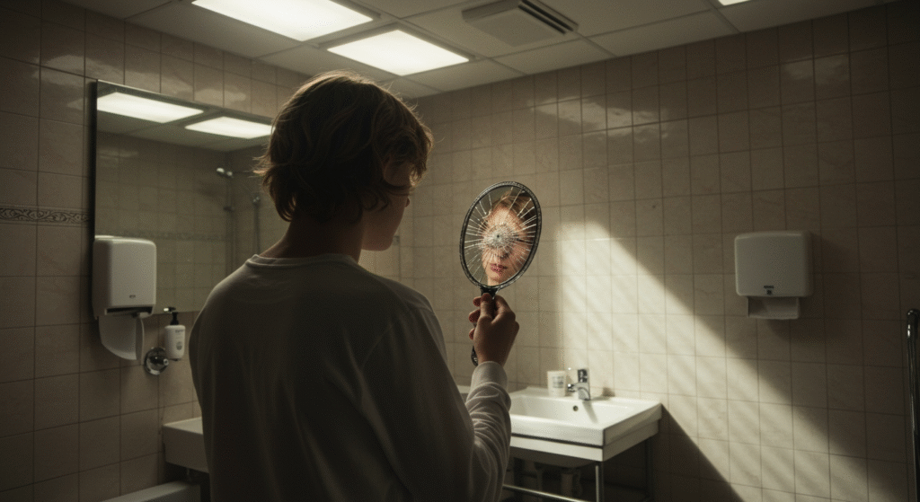 Person staring into a cracked mirror, symbolizing inner conflict and hidden emotional pressure contributing to infidelity.