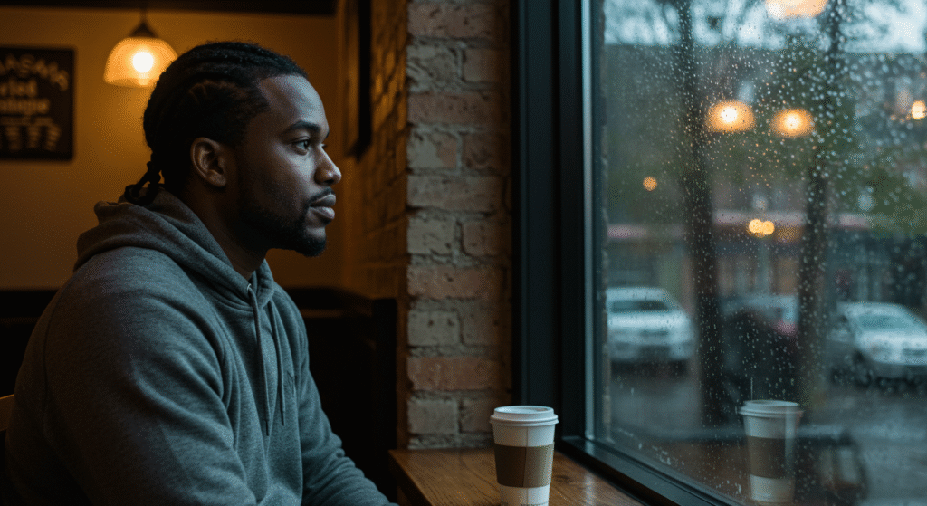 Lonely person gazing through rain-streaked window, reflecting emotional starvation within a marriage