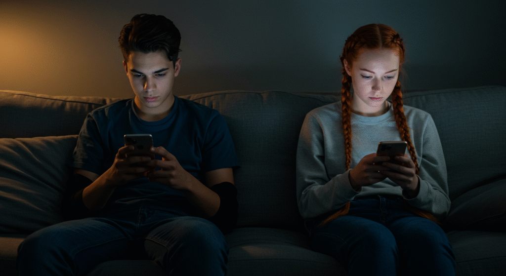 Disconnected couple sitting together yet emotionally apart, highlighting lack of emotional tools and unresolved conflict.