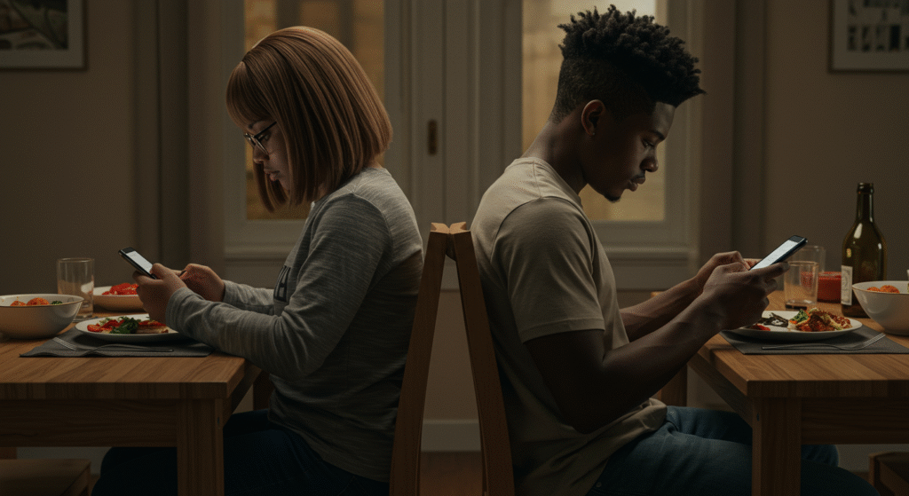 Emotionally distant couple sitting back-to-back, symbolizing growing resentment and lack of connection