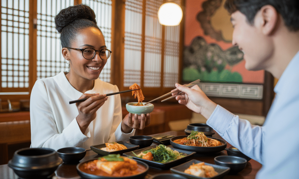 Interracial couple cooking a new dish together and laughing in the kitchen