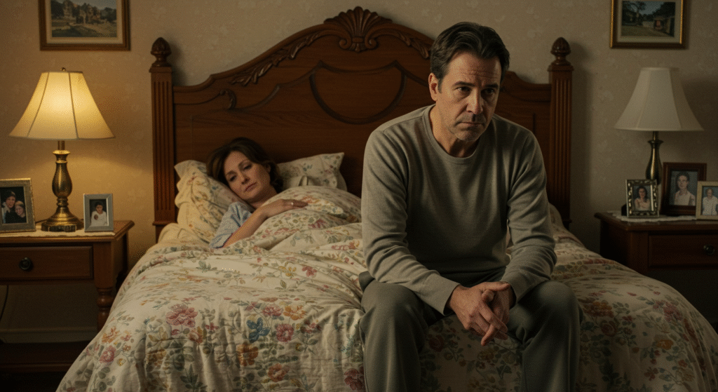 Spouse sitting in silence while feeling disconnected, representing emotional distance in a marriage