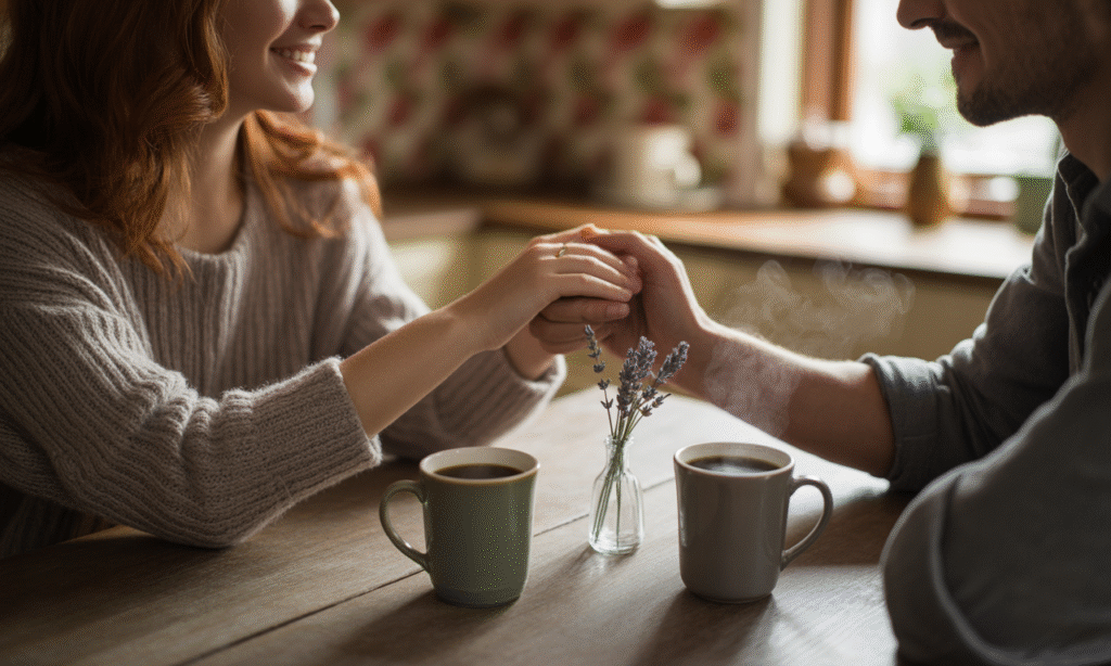 Married couple quietly holding hands over coffee, symbolizing daily love and connection
