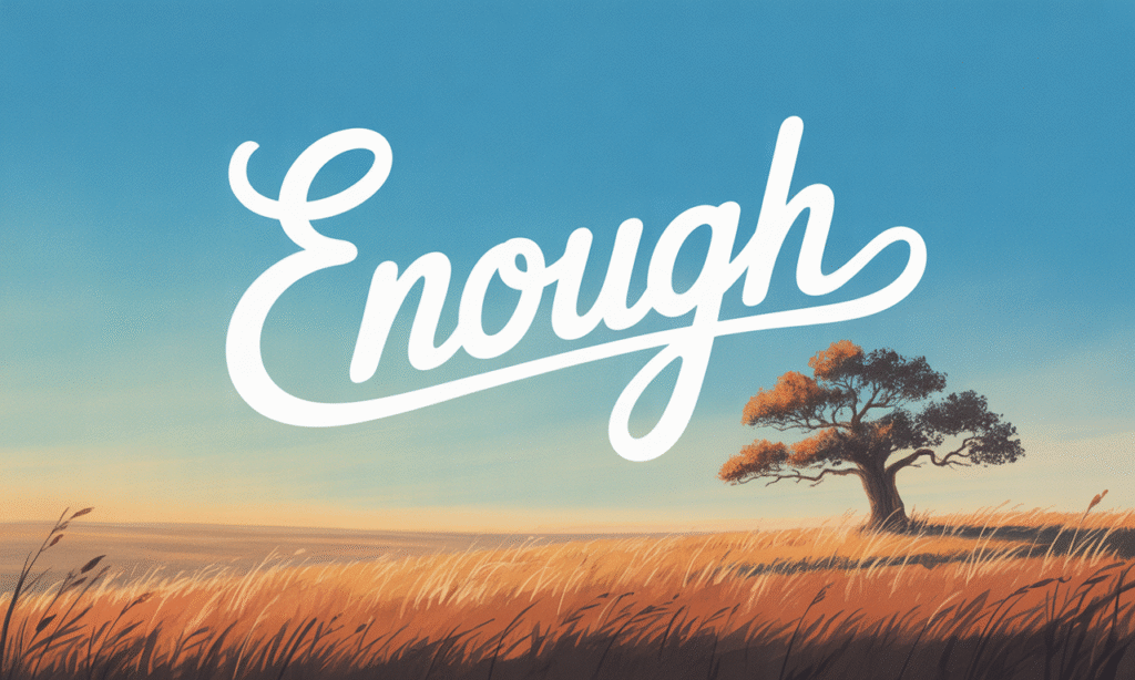 Sunrise over peaceful field with the word 'Enough' in the sky representing identity and peace