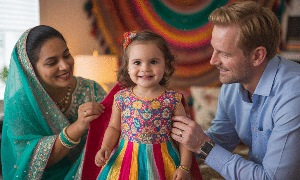 Mixed-race child dressing in Indian and Western outfits with parents’ help