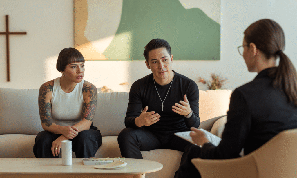 Married couple sitting with counselor in a peaceful setting, seeking support to restore emotional balance