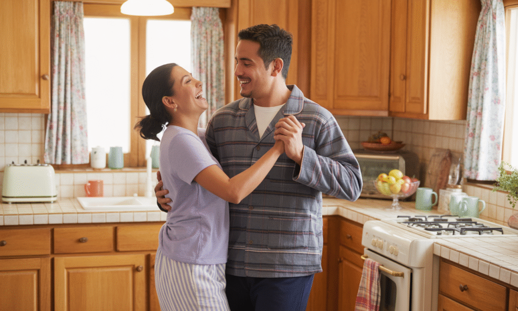Married couple reigniting romance through playful dancing in their home