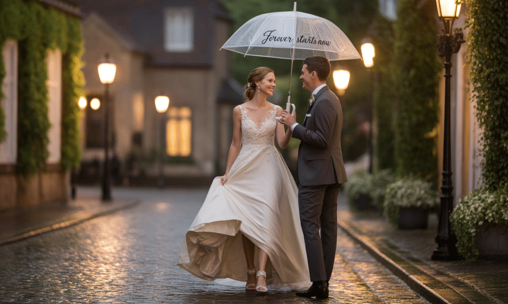 Bride and groom walking in the rain together, symbolizing love that lasts through life's challenges"