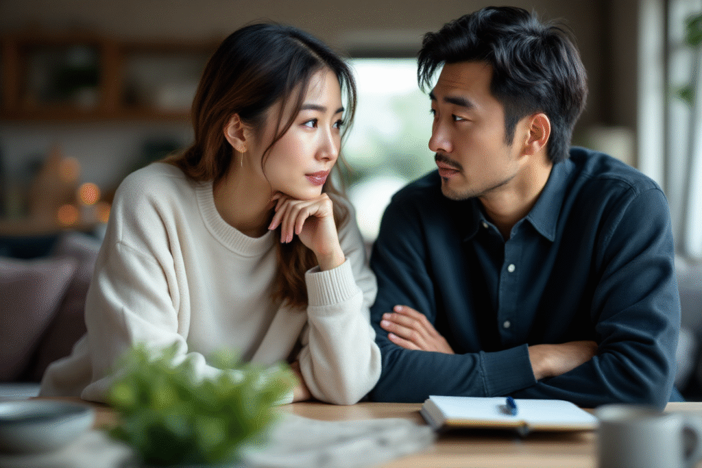 Husband and wife having a deep discussion about financial values and money beliefs.