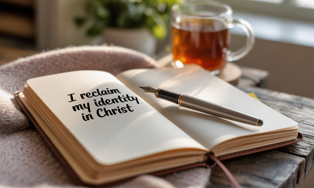 Journal with the phrase 'I reclaim my identity in Christ' written boldly