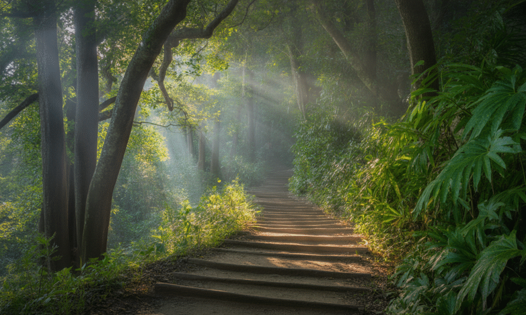Forest path lit by sunlight, representing the walk of faith in following God.