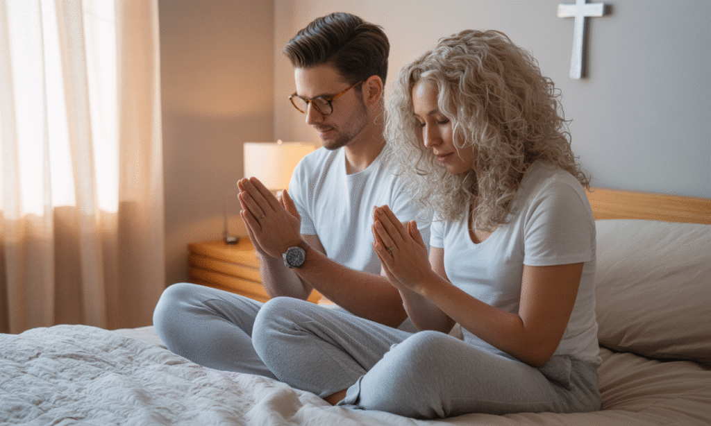 Husband and wife praying together, demonstrating shared spiritual purpose and connection