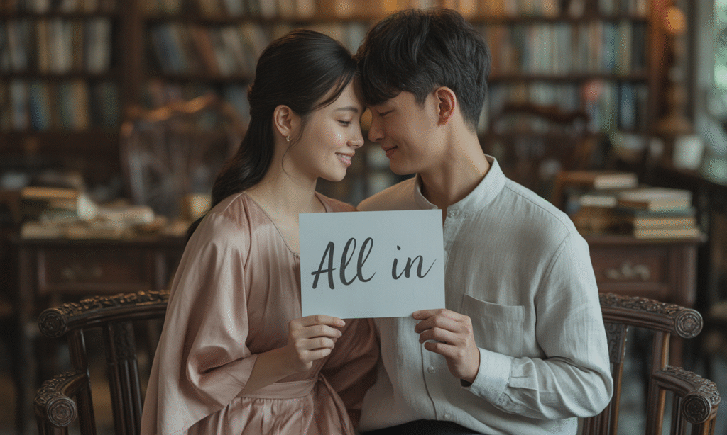 Married couple showing affection while holding a sign that says ‘All In,’ symbolizing full commitment and mutual responsibility.