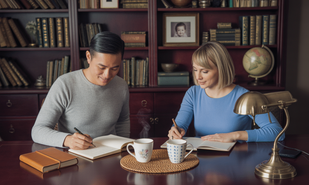 A cozy journaling setup for couples practicing self-reflection and communication.
