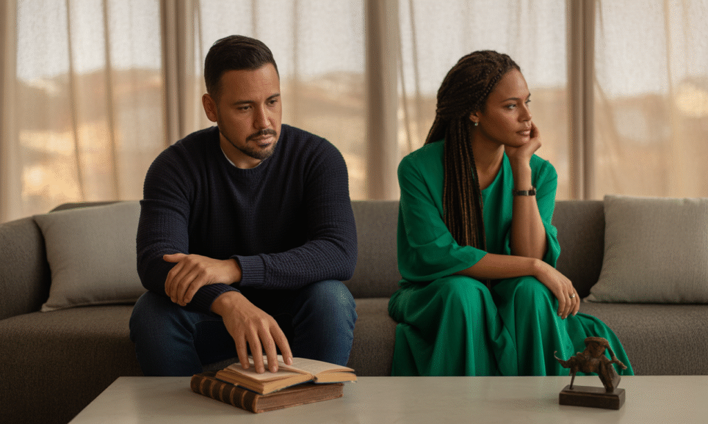 Distant married couple experiencing emotional disconnection, reflecting modern relationship struggles