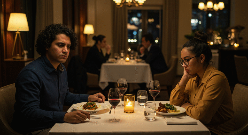 Couple sharing dinner but visibly disconnected, emphasizing superficial reconnection.