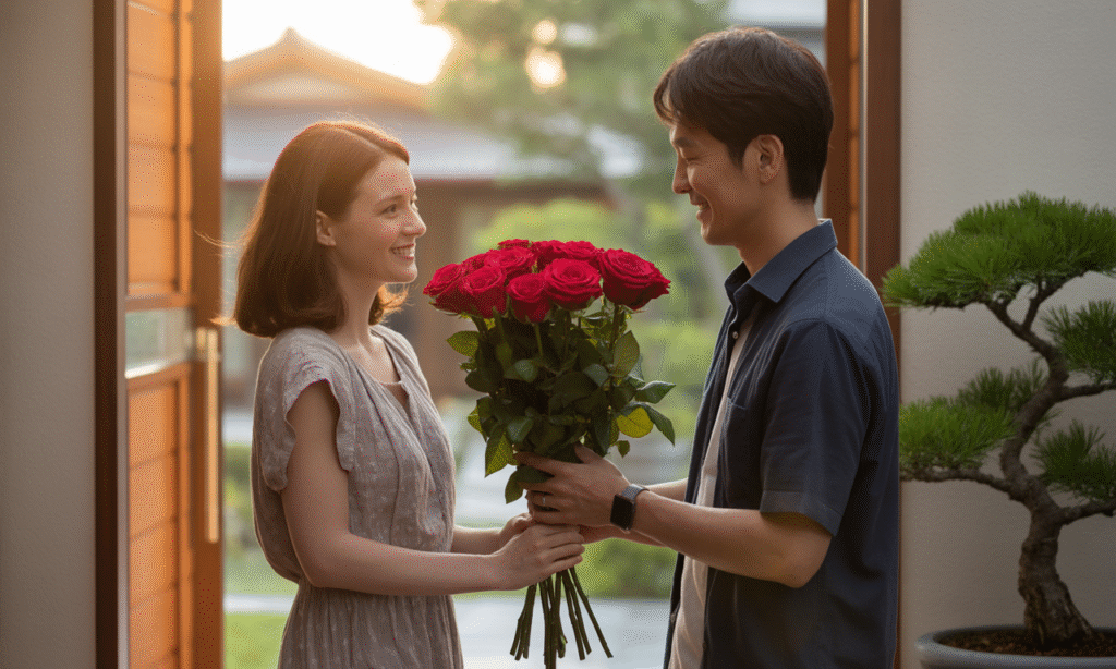 Husband surprising his wife with flowers to rekindle romance in marriage