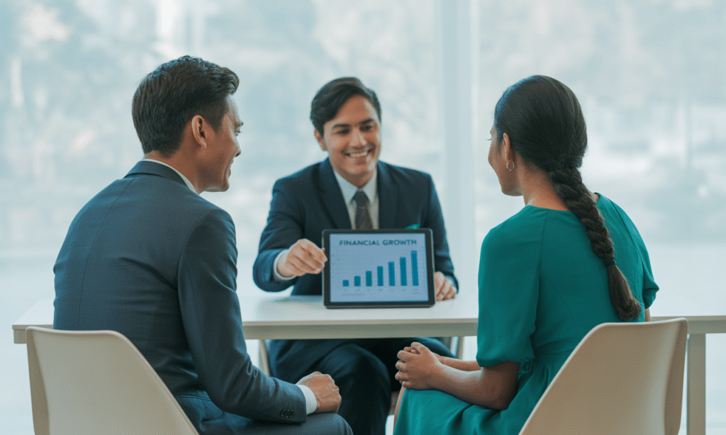 Married couple consulting with a financial advisor to improve communication and financial planning