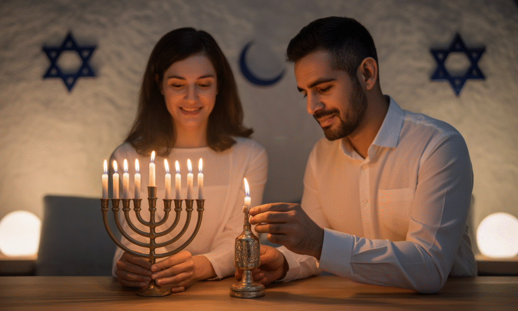 Couple lighting candles from two different faith traditions as part of a shared spiritual ritual