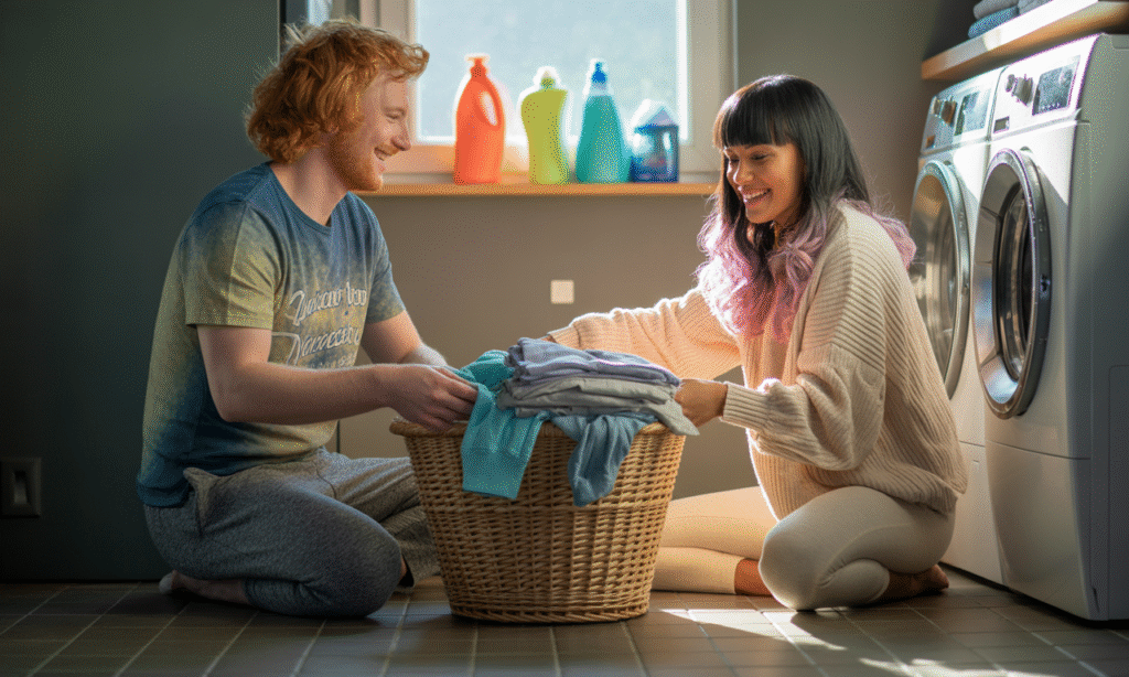 Spouses folding laundry together at home, showing how small, everyday acts build lasting connection