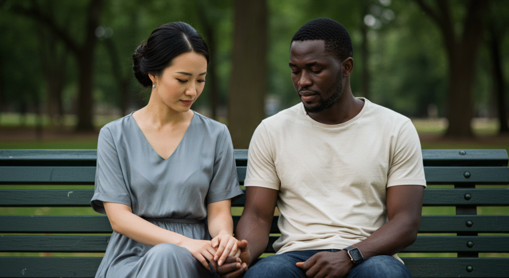 Married couple silently holding hands, symbolizing quiet strength and the beginning of seeking help together.