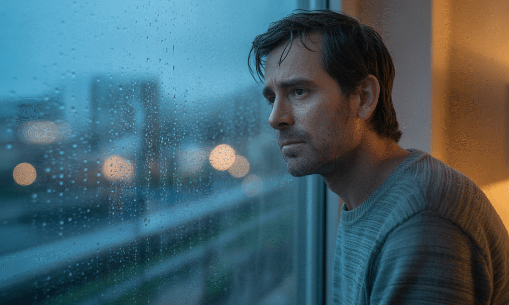 Wife looking out window feeling distant, representing emotional neglect in marriage