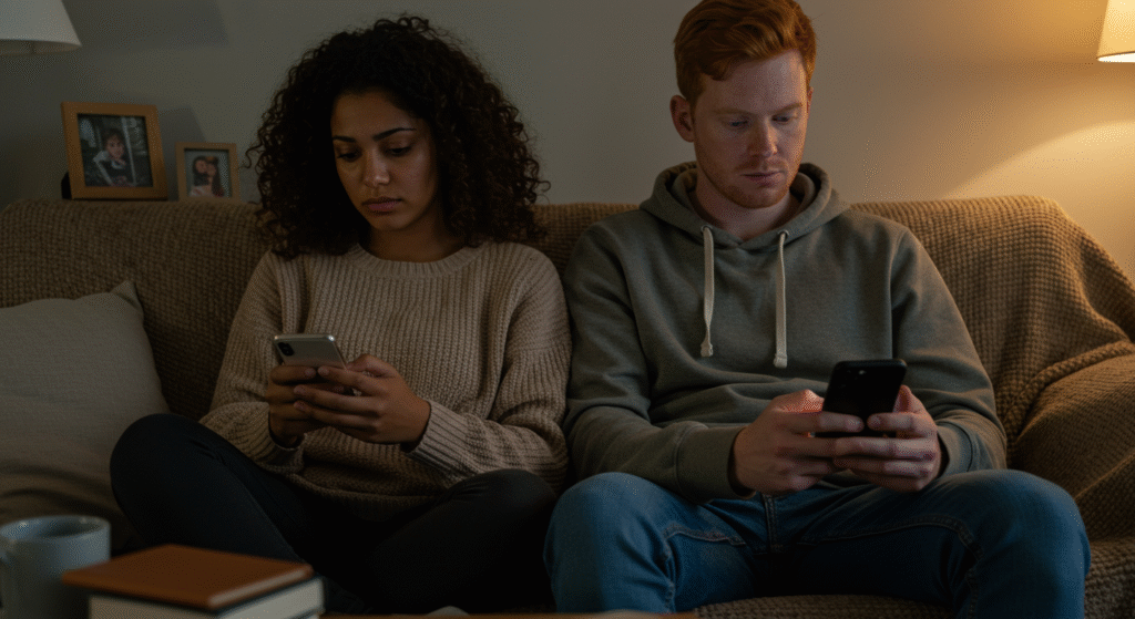 Married couple distracted by phones, showing signs of marriage on autopilot