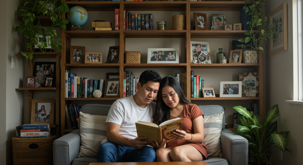 Mature couple sitting together reading in peace, symbolizing spiritual unity and emotional stability in marriage