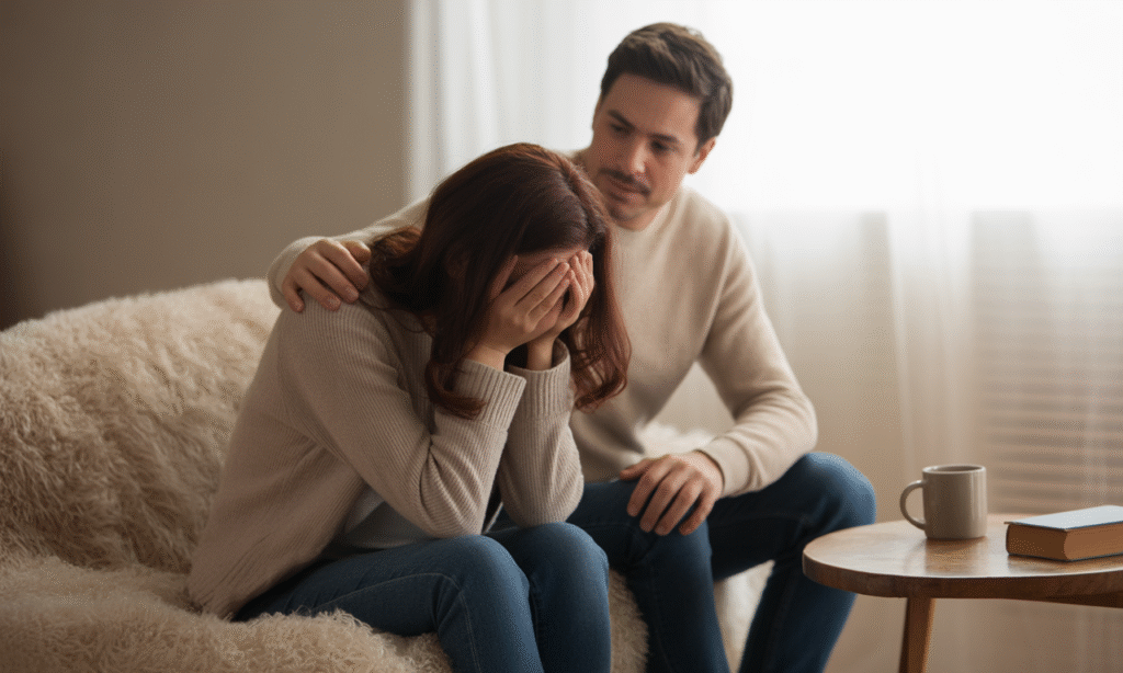 Loyal partner comforting their spouse during a moment of emotional vulnerability