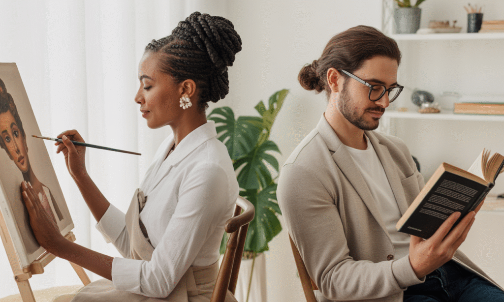 Married couple enjoying different hobbies in the same space, symbolizing love built through mutual respect despite differences