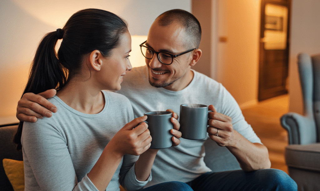 Couple calmly discussing parenting differences at night over coffee