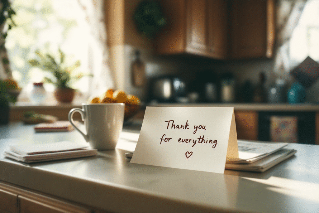 Handwritten thank-you note left on the kitchen counter as a simple gesture of appreciation in marriage