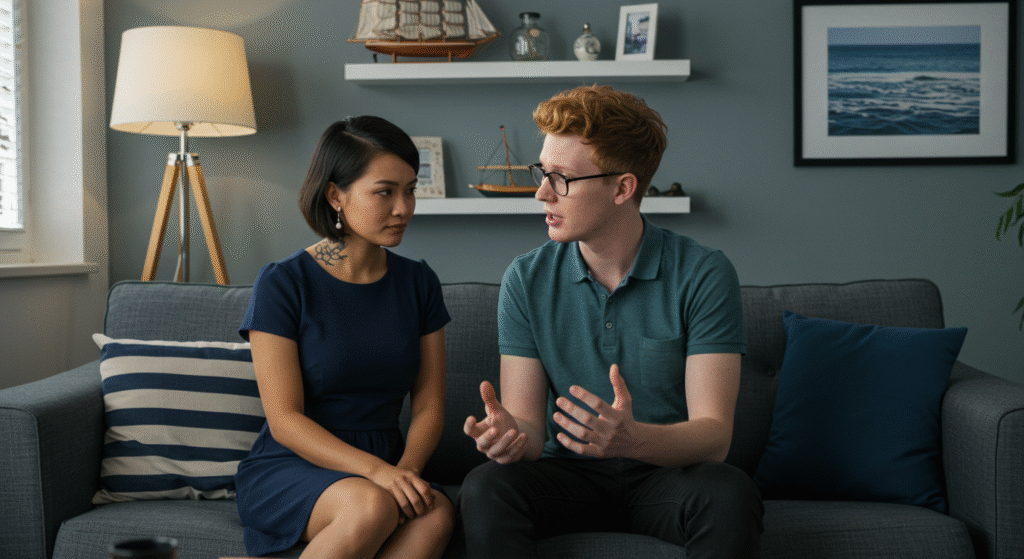 Couple from different cultures practicing active listening during a discussion