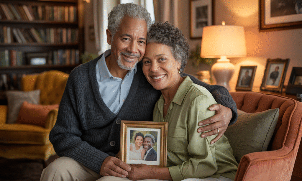 Older couple looking at their wedding photo, symbolizing enduring devotion through the seasons of life