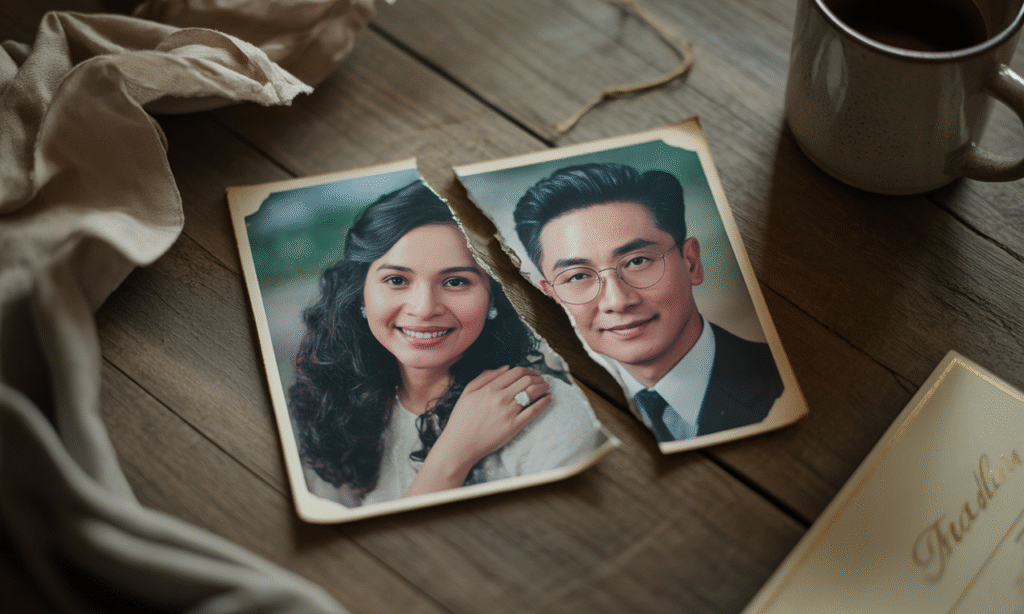 Partially torn photo of a couple in happier times, reflecting how negativity can cloud positive memories