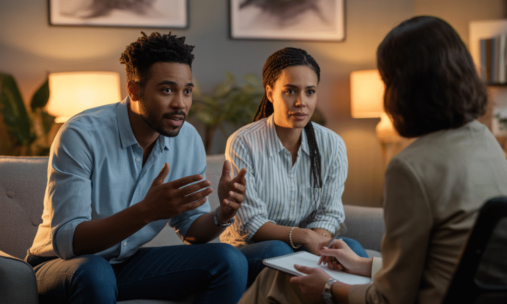 Married couple in therapy, exploring the emotional disconnect labeled as “growing apart”