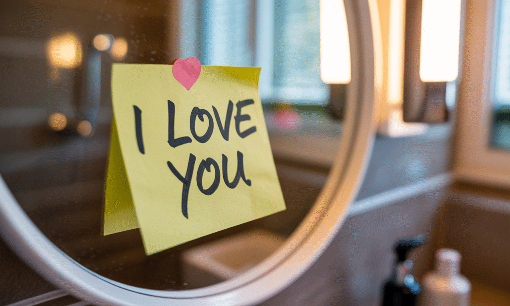 Bathroom mirror with handwritten love note, highlighting small daily choices that reinforce connection in marriage