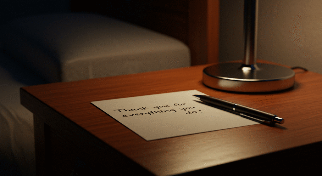 Gratitude note from spouse left on the nightstand, nurturing emotional connection.