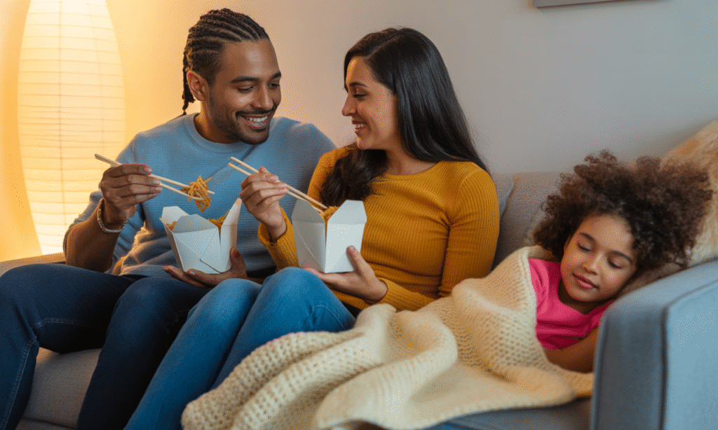 Exhausted parents enjoying quiet dinner together after bedtime, keeping connection alive through small moments