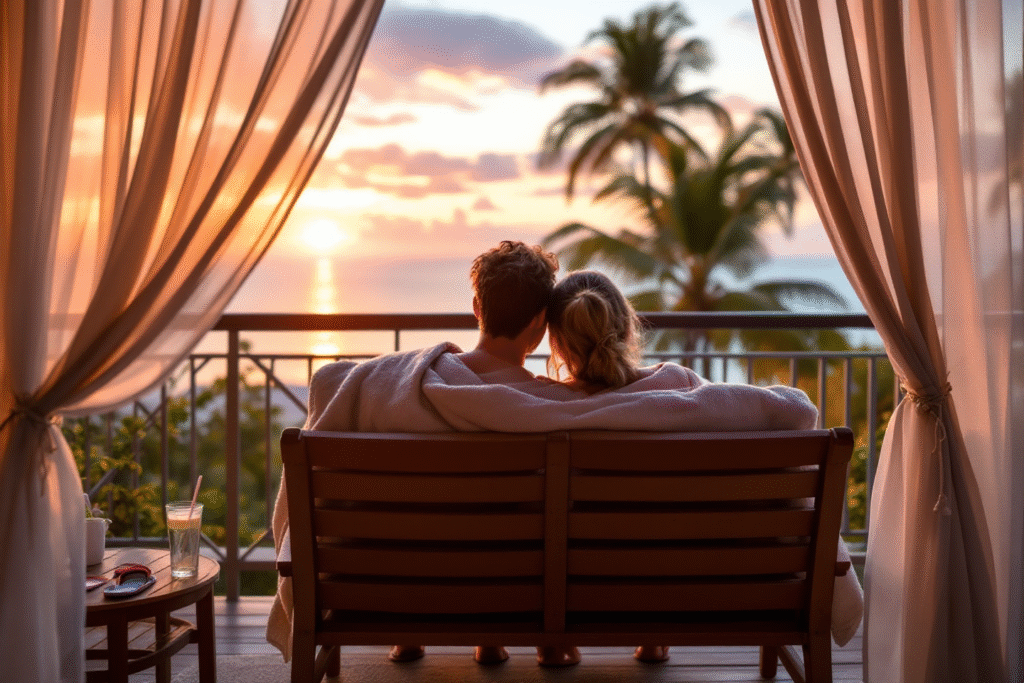Married couple wrapped in a blanket watching the sunset, symbolizing comfort, endurance, and lasting companionship in marriage