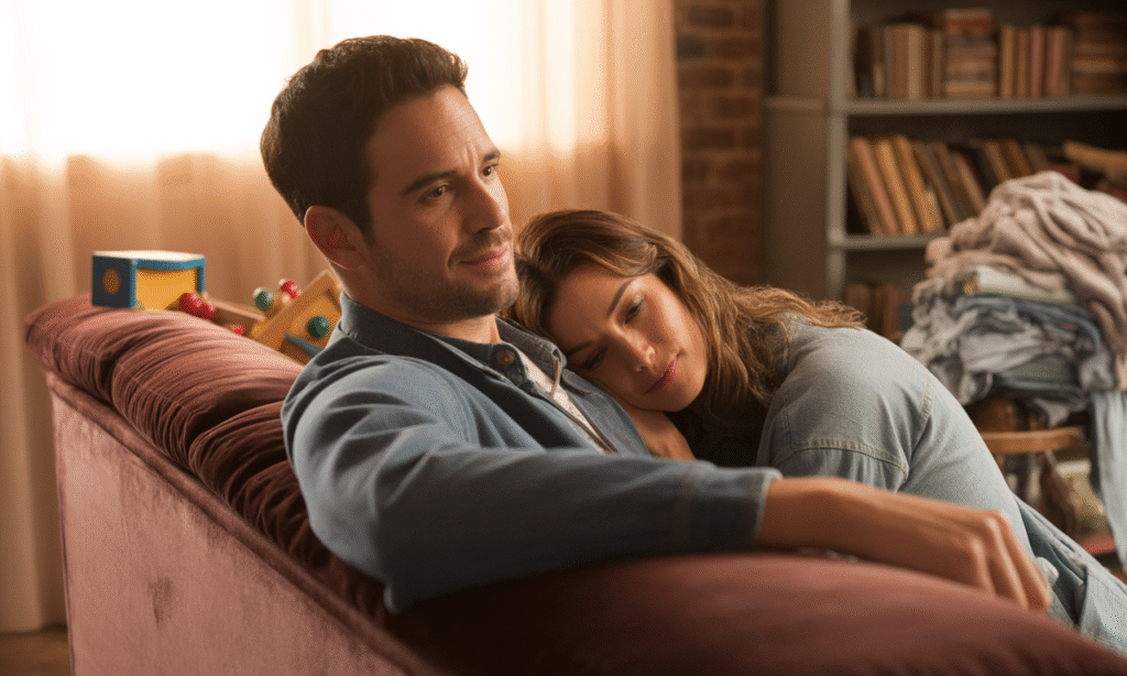 Exhausted parents caught in routine, highlighting how everyday stress dims romance