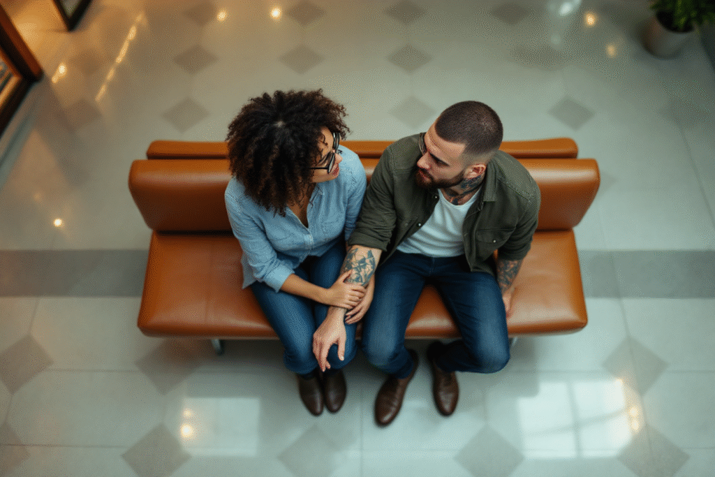 Spouse gently holding their partner’s hand during a tough moment, symbolizing trust and reassurance