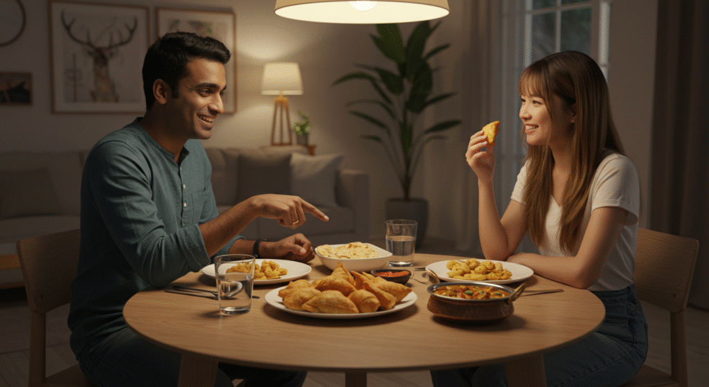 Interracial couple discussing the story behind a traditional dish at home