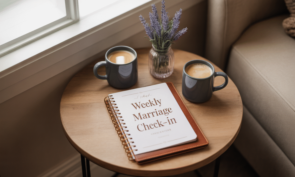 Notebook with a weekly marriage check-in template, promoting intentional conversation and accountability.