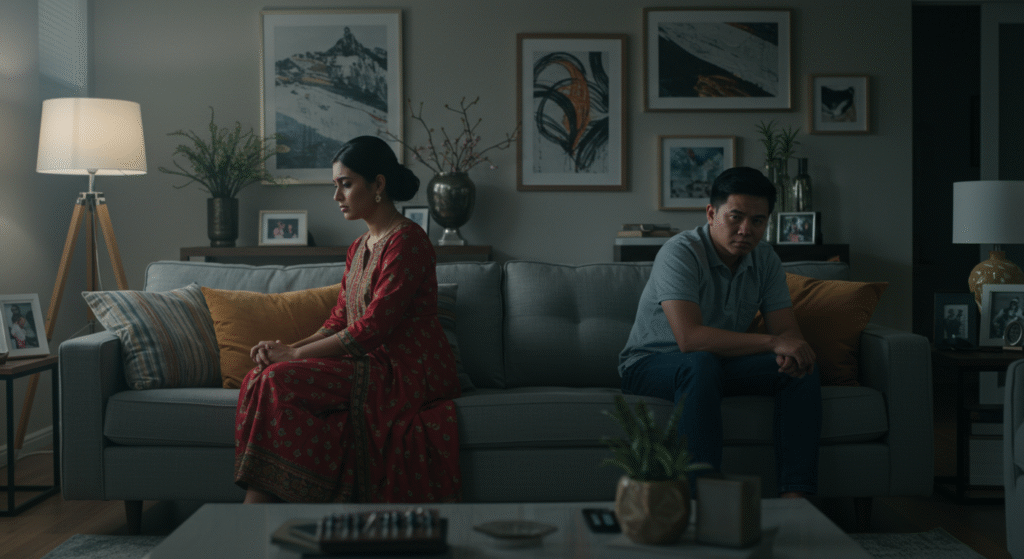 “Married couple sitting apart in silence, reflecting emotional disconnection caused by inaction