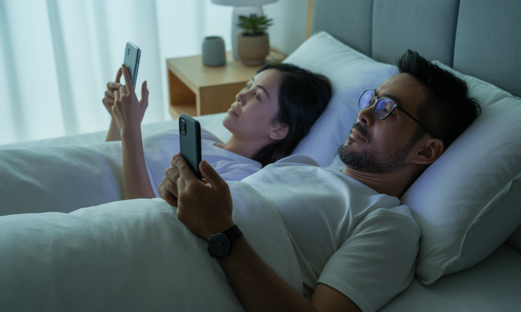 Married couple facing away from each other in bed, distracted by their phones—symbolizing emotional distance