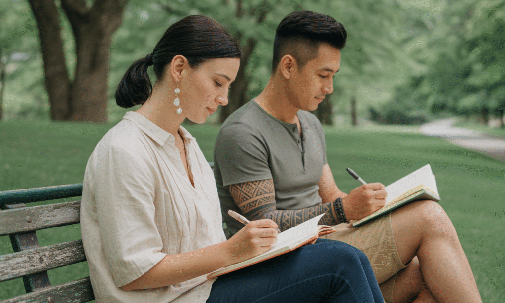 Married couple brainstorming shared goals on a whiteboard or journal, building their vision together