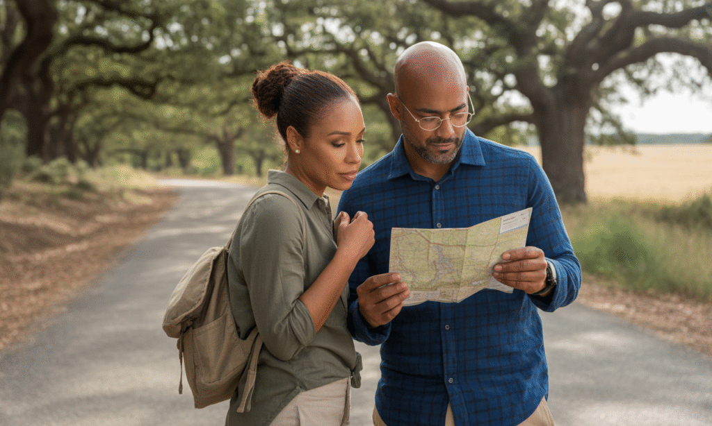 Couple looking at a map at a fork in the road, representing decision-making guided by shared purpose.